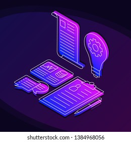 Business plan, solutions isometric color vector illustration. Startup audit, analytics linear icons infographic. Project research 3d concept. Talent management neon web design on purple background