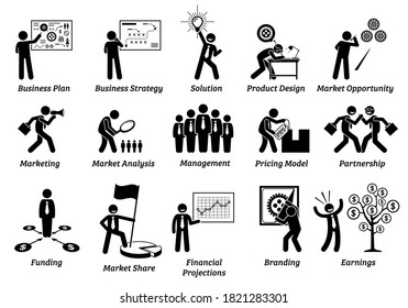 Business plan stick figure icons set. Vector illustrations concept of business planning that includes strategy, design, analysis, management, partners, funding, financial projections, and earnings. 