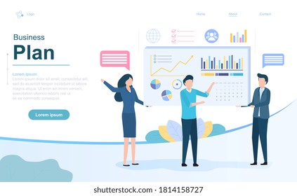 Business Plan and Strategy concept with diverse business team analysing statistics and brainstorming, colored vector illustration web page template