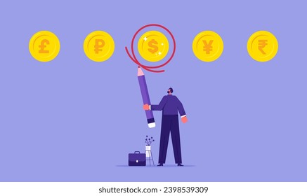 Business plan and strategy, currency investment and currency analysis, businessman holding a pencil to circle a dollar sign in the middle of a row of currency symbols