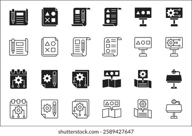 Business plan strategy icon set. Icon set contains symbol of event, finance, calculation, agenda, solution, list, goal, paper work, setting, management. Vector thin line icons.