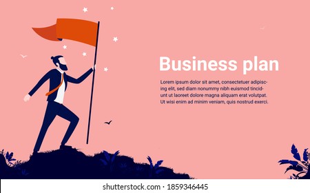 Business plan to succeed - Businessman walking to hilltop with flag, metaphor for success. Copy space for text. Vector illustration.