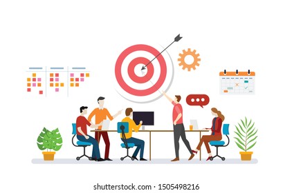 business plan target with team discussion to achieve target goals with to do list task and calendar icon - vector svg