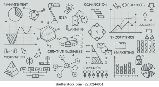 Plantilla de plan de negocio y gráficos en fondo gris.