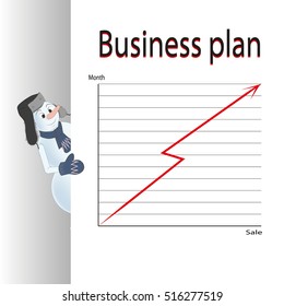 business plan. template for your text. snowman in the cap peeking out from behind a white sheet. white, gray background. schedule