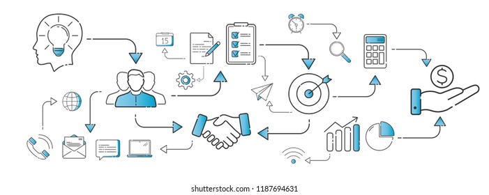 Business plan in thin line icons style on white background