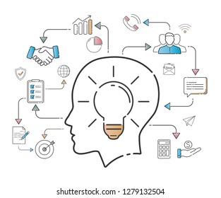Business plan in thin line icons style on white background