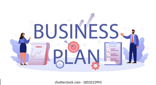 Business plan typographic header. Idea of business strategy. Setting a goal or target and following schedule. Financial research, analysis and organization. Isolated flat vector illustration