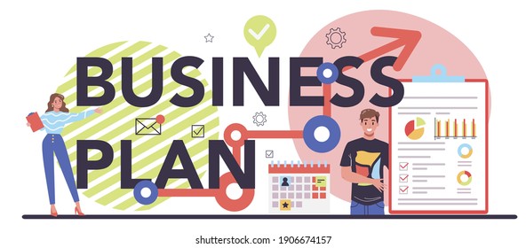 Business plan typographic header. Idea of business strategy. Setting a goal or target and following schedule. Financial research, analysis and organization. Isolated flat vector illustration