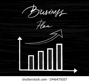 Business plan vector brush lettering on blackboard. Strategy diagram. Top view business plan concept. 