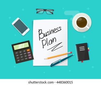 Business Plan Vector Concept On Blue Background, Flat Cartoon Working Table With Paper Sheet And Business Plan Handrawn Text