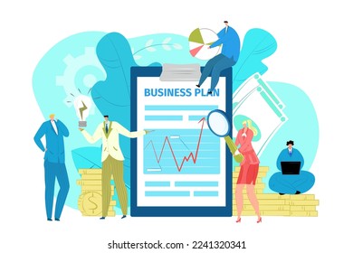 Business plan, vector illustration. Flat teamwork management, team people charcater work in office concept. Marketing project for costumer