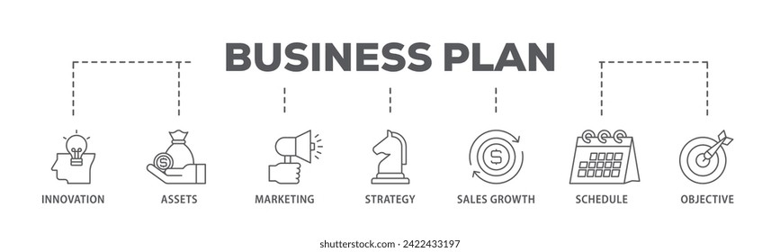 Business plan web banner icon vector illustration concept consists of innovation, assets, marketing, strategy, sales growth, schedule, and objective icon live stroke and easy to edit