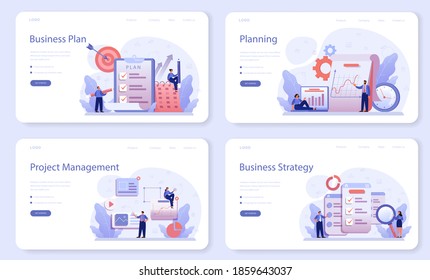 Business plan web banner or landing page set. Idea of business strategy. Setting a goal or target and following schedule. Financial research, analysis and organization. Isolated vector illustration