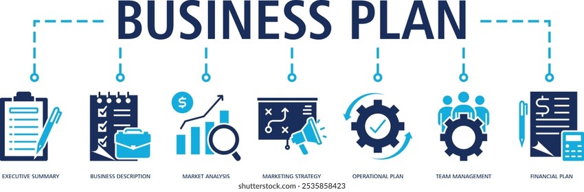 Plano de negócios ícone da Web vetor ilustração conceito com ícone de (resumo executivo,descrição de negócios,análise de mercado,estratégia de marketing,plano operacional,gerenciamento de equipe,plano financeiro)