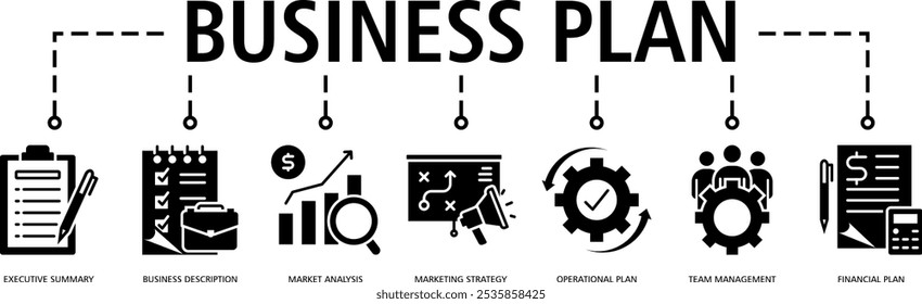 Concepto de Ilustración vectorial de ícono de Web de Plan de negocios con ícono de (resumen ejecutivo, descripción de negocios, análisis de mercado, estrategia de marketing, Plan operacional, gestión de equipos, Plan financiero)