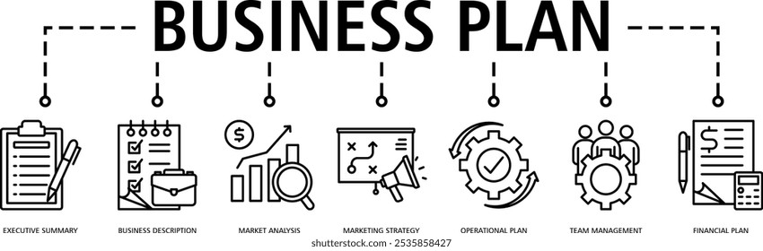 Concepto de Ilustración vectorial de ícono de Web de Plan de negocios con ícono de (resumen ejecutivo, descripción de negocios, análisis de mercado, estrategia de marketing, Plan operacional, gestión de equipos, Plan financiero)