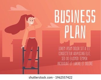 Business plan website banner with woman cartoon character standing on top of ladder and looking forward, flat vector illustration. Personal goals and achievements concept.
