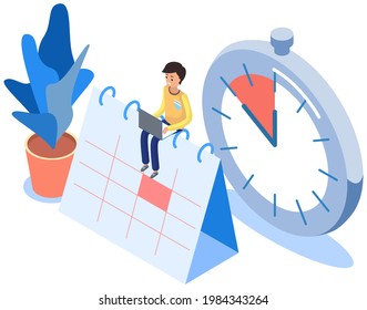 Business plan, work schedule, businessman sits on calendar, works with plan. Man working with computer on planning schedule. Male character makes office timetable. Project planning, time management