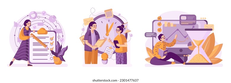 Business plan. Young woman ticking off tasks on checklist with pencil. Colleagues communicating during planned staff meeting. Freelancer taking notes in diary. Set of flat vector illustrations