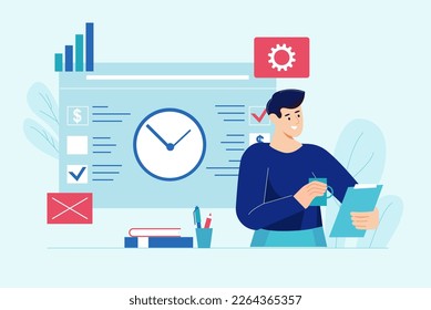 Business planner blue concept with people scene in the flat cartoon style. Manager completed the task of creating a business plan. Vector illustration.