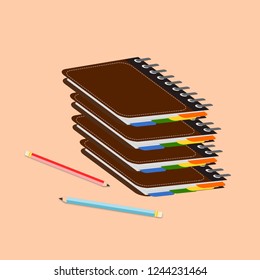 Business planner books stack with color pencil flat icon.
