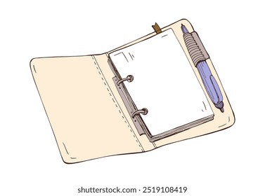 Planejador de negócios, notebook com suporte para caneta. Abrir organizador, bloco de anotações do Office, livro de trabalho. Notepad com páginas em branco. Diário retrô. Ilustração de vetor desenhada à mão isolada no plano de fundo branco