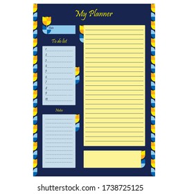 Business planner template with place for notes. Blank page with design, ornament and flowers on a blue background. Business organizer. Stationery for planning. Realistic vector illustration.