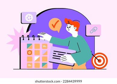 Business planner waist high concept with people scene in the flat cartoon design. Manager makes a list of all the things that the businessman needs to do. Vector illustration.