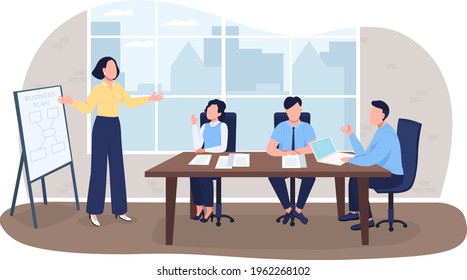 Business planning 2D vector web banner, poster. Businesspeople flat characters on cartoon background. Seminar on marketing. Professional workshop printable patch, colorful web element