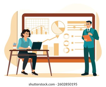 Business planning and analysis instruments. A manager and employee discuss business plans and analyze marketing data using a laptop computer. Flat vector illustration.