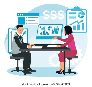 Business planning and analysis instruments. Two businessmen sit at a conference table, analyzing strategies and business plans using statistical data. Flat vector illustration.