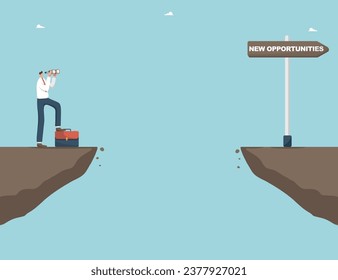 Business planning, analysis of ways and methods of achieving goals, searching for secret keys to new opportunities, following strategy for success, man looks from cliff through binoculars at signpost.