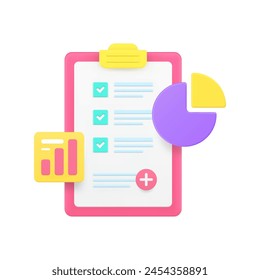 Business planning analyzing efficient time management and productivity 3d icon realistic vector illustration. Analytics financial monitoring data control statistic graph diagram with checklist