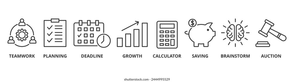 Business planning banner web icon vector illustration concept with icon of teamwork, planning, deadline, growth, calculator, saving, brainstorm, auction