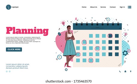 Business planning banner with woman near timetable, cartoon vector illustration.