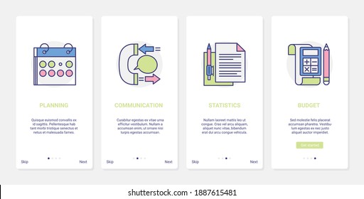 Presupuesto de planificación empresarial, ilustración de vector de comunicación. UX, interfaz de usuario conectado a la página de aplicaciones móviles con planificador de líneas, suministros de oficina para calcular estadísticas de negocios y símbolos de investigación