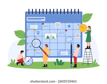 Business planning with calendar. Tiny people mark date of important events with pencil, study days in planner with magnifying glass to plan deadline and goal achievement cartoon vector illustration