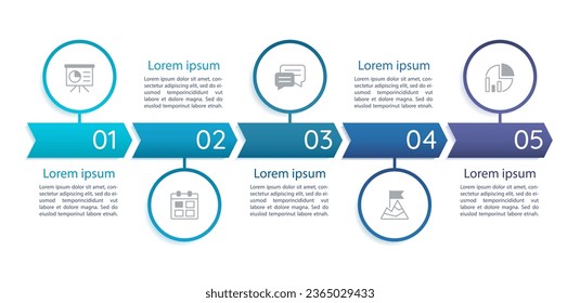 Plantilla de diseño de organigrama empresarial. Gráfico de infografías editable con iconos. Gráficos instructivos con secuencia de 5 pasos. Presentación de datos visuales. Múltiples conceptos variables, fuentes ariales regulares usadas