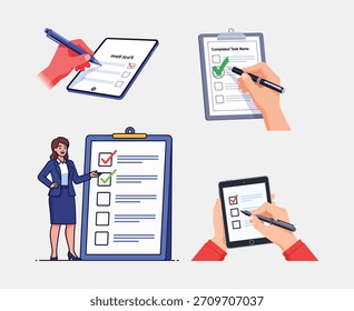Business planning checklist completion vector illustration set