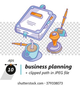 business planning and coffee break vector icon business documents collage with notebook, stamp and cup of coffee