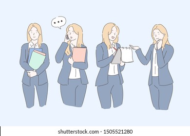 Business, Planung, Kommunikation, Präsentation. Junge Geschäftsfrau oder Dame beschäftigt sich mit Arbeitsmanagement, Kundenservice. Lehrer oder Schüler, die sich auf den Test vorbereiten. Vektorflachdesign.