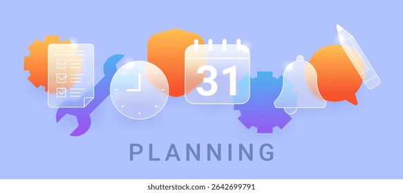Business planning composition on blue background. Glass morphism vector banner