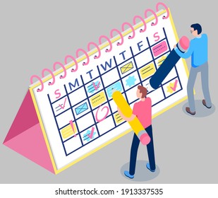 Business planning concept. Agenda reminder vector illustration. Group of employee write schedule on sticky notes. Calendar with to-do plans for week. Guys with pencils fill out their schedule