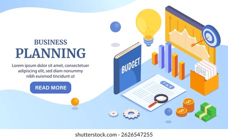 Business planning concept with budget book, tax document, charts, graphs, and money icons in modern isometric style on white background. Vector illustration