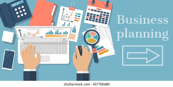 Business planning concept. Businessman at table with laptop, charts, graphs, analyzing project, strategy,  research, development, financial management, marketing research, statistic, solution. Vector 