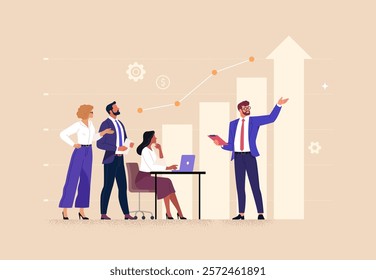 Business Planning Concept. Contemporary flat style vector illustration of a group of a man in a business suit presenting a strategy to a group of colleagues with a growing graph in background.