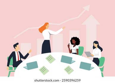 Business Planning Concept. Contemporary flat style vector illustration of a businessman giving a business forecast to a group of colleagues sitting at a desk with a growing graph in background.