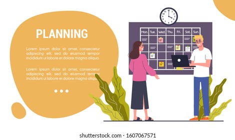 Business planning concept. Data and analysis, research and advertising. Office characters work in team. Isolated flat vector illustration