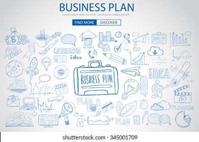 Business Planning  concept with Doodle design style: online solution, social media campain, creative ideas,Modern style illustration for web banners, brochure and flyers.